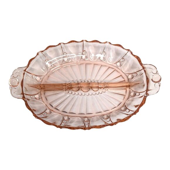 1930s Anchor Hocking 12in Glass Relish Dish Oyster & Pearl Pink Depression Vtg - Picture 7 of 8